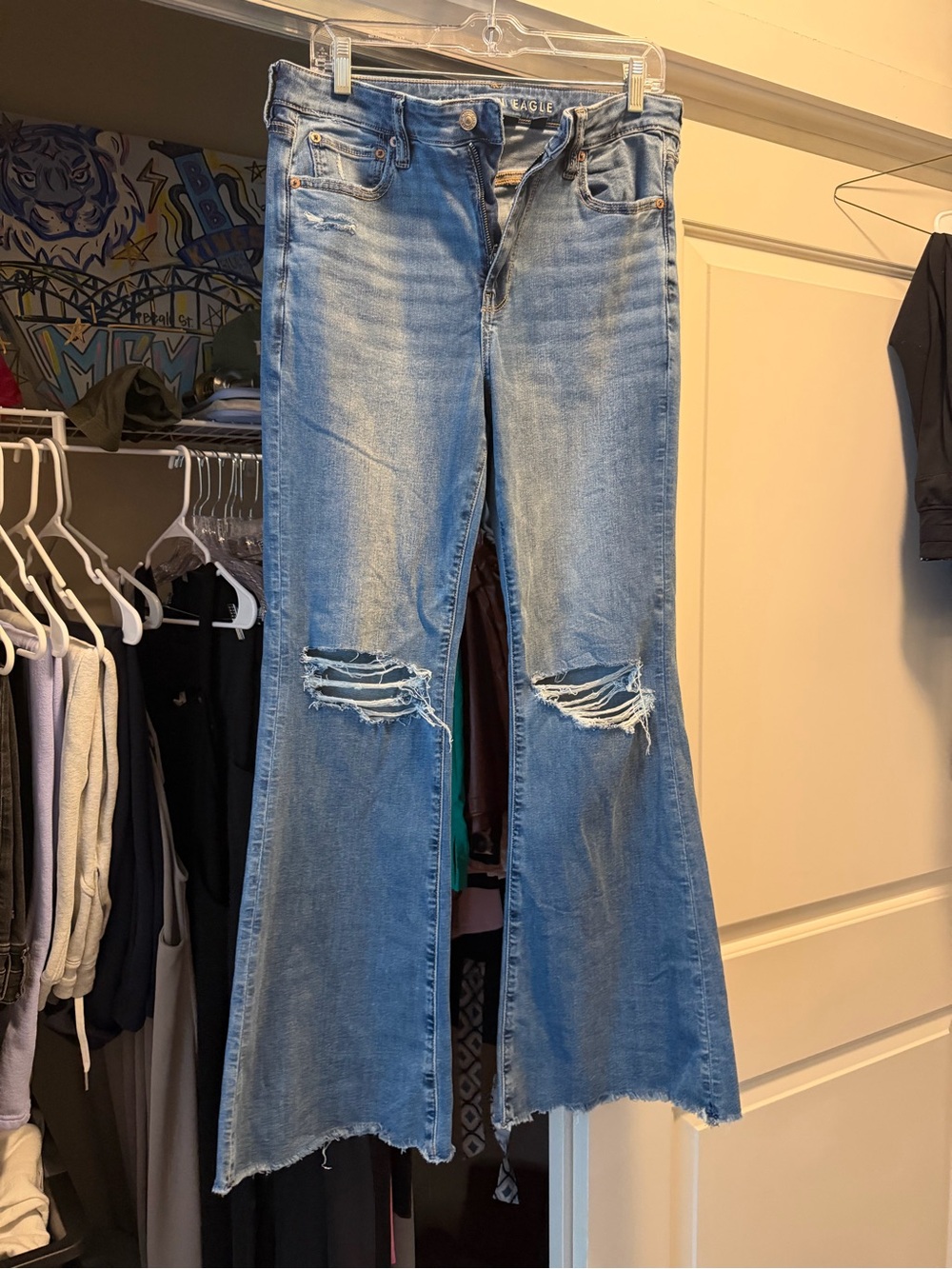 American Eagle Outfitters Light Blue Distressed Flare Jeans - Women's Wide Leg
